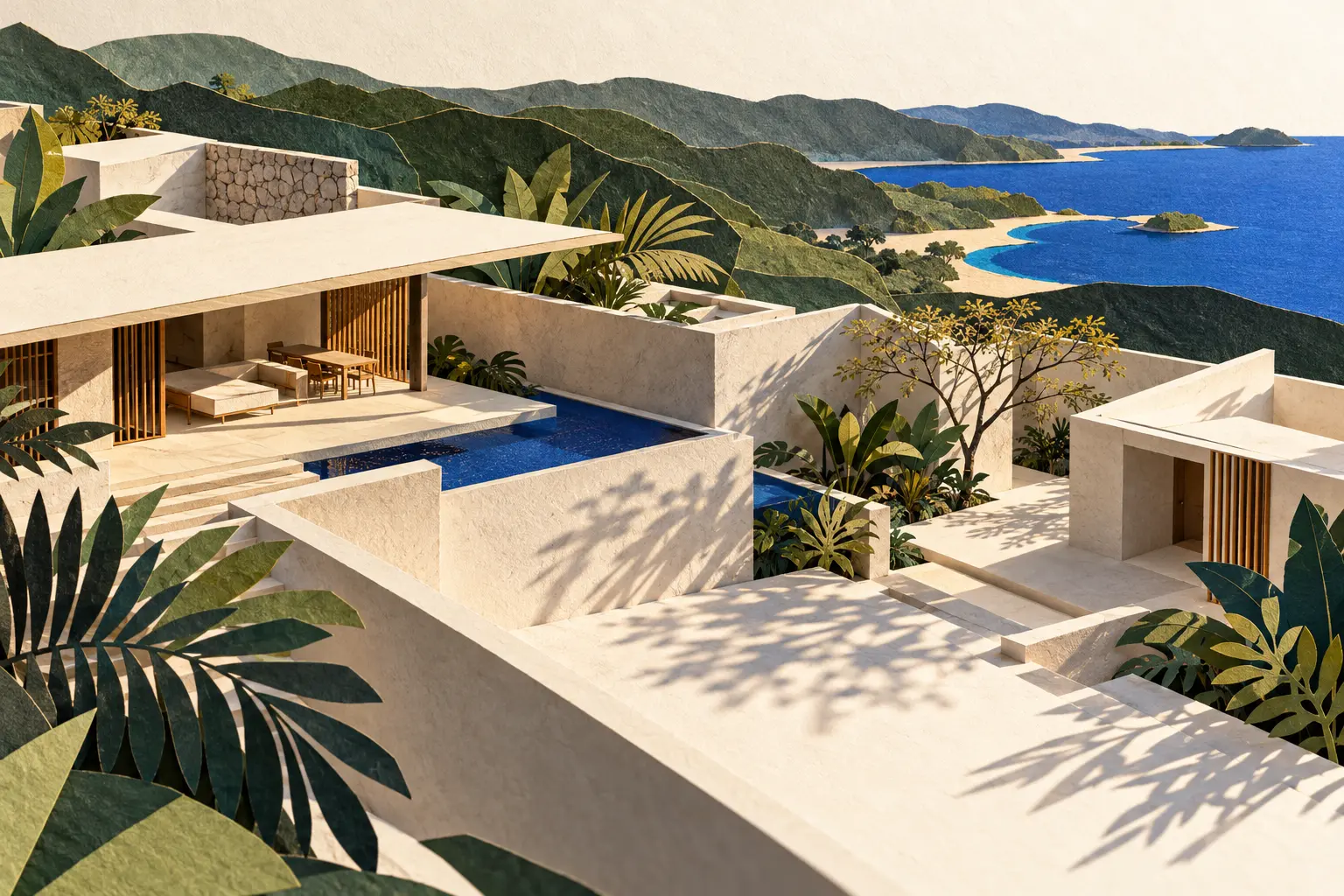 Conceptual paper collage of tropical courtyards, forest and a cobalt-blue coastline